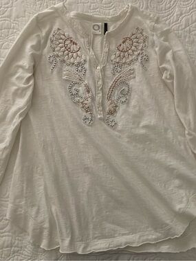 Anthropologie Women’s White Embroidered Qtr Sleeve Henley Top - S 100% Cotton